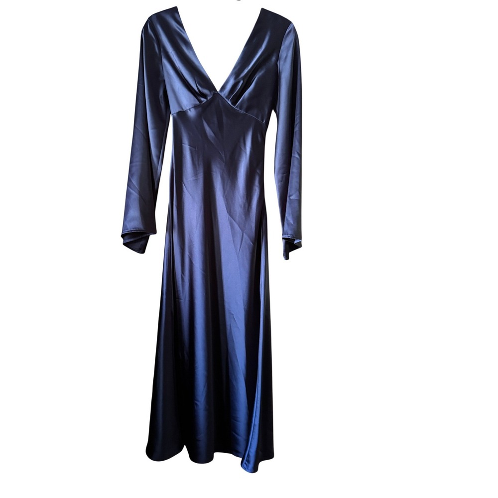 VICI Satin Midi Dress Small Navy Blue Long Bell Sleeve Open Back‎ Twist Formal